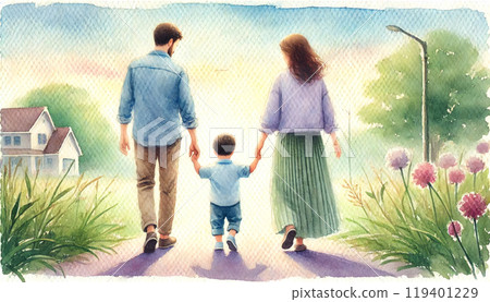 Watercolor painting of a parent and child walking 119401229