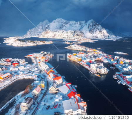 Aerial view of snowy fishing village in Norway in winter 119401230