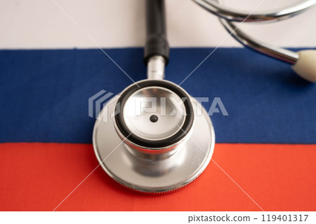 Russia flag with black stethoscope, Business and finance concept. 119401317