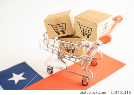 Online shopping, Shopping cart box on Chile flag, import export, finance commerce. 119401319