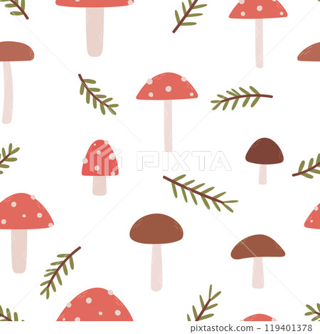 Autumn seamless pattern with fly agarics, various mushrooms and fir branches on a white background. 119401378