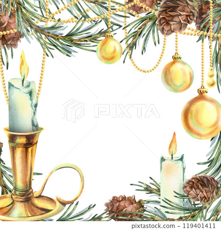 Golden beads with Christmas balls hanging with pine branches, cones and candles. Watercolor illustration New Year Christmas hand drawn. Template, frame, isolated from background. 119401411