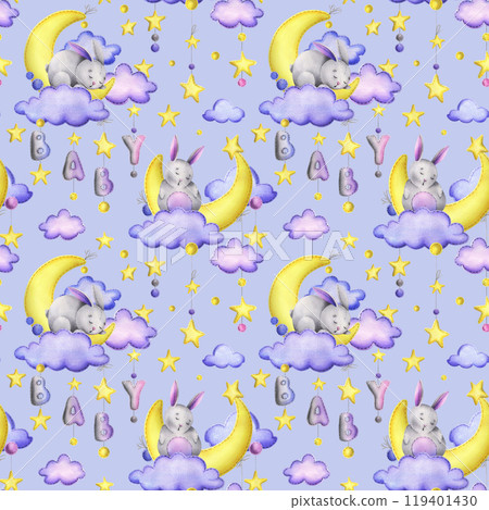 A cute gray stitched bunny lies and sleeps on a yellow moon with clouds, stars, the letters BABY hanging on ropes with bows. Watercolor illustration, hand drawn. Seamless pattern on a blue background A cute gray stitched bunny lies and sleeps on a yellow moon with clouds, stars, the letters BABY hanging on ropes with bows. Watercolor illustration, hand drawn. Seamless pattern on a blue background 119401430