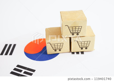 Online shopping, Shopping cart box on South Korea flag, import export, finance commerce. Online shopping, Shopping cart box on South Korea flag, import export, finance commerce. 119401740