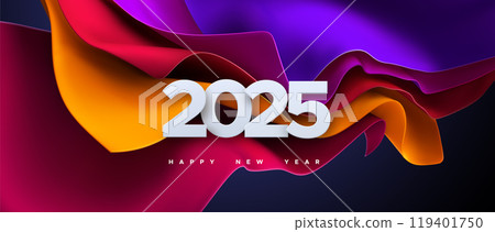 Happy New 2025 Year. Vector holiday illustration of paper cut numbers 2025 on colorful streaming fabric background 119401750