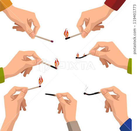 A burning match in the hand. 119401773