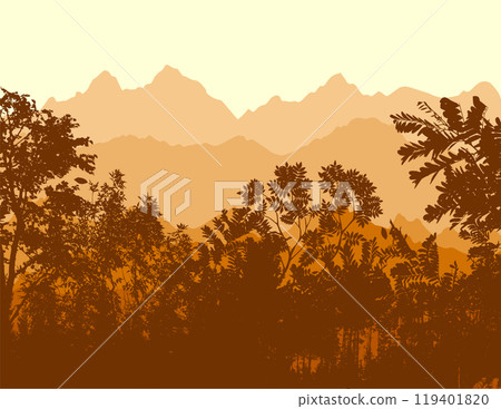 Mountains and trees. hand drawing. Not AI Vector illustration 119401820