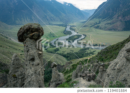 Picturesque green River Valley. Summertime natural landscape, mountains in the clouds, best recreation areas 119401884