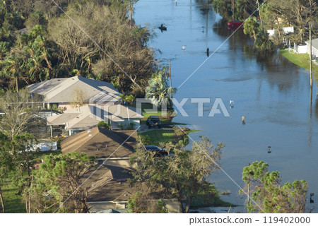 Consequences of natural disaster. Heavy flood with high water surrounding residential houses after hurricane rainfall in Florida residential area 119402000