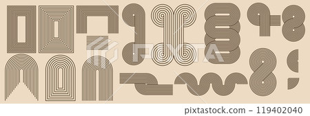 Set of geometric zen arch and abstract shapes with stripe pattern. Vector elements in trendy bohemian style. 119402040