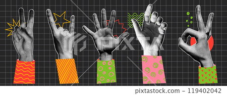 Trendy set of human hands gestures with doodle elements. Retro halftone effect. Vector elements in pop art style. Trendy set of human hands gestures with doodle elements. Retro halftone effect. Vector elements in pop art style. 119402042