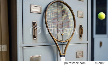 Vintage Tennis Racket with Flying Tennis Ball Next to Industrial Cabinet 119402083