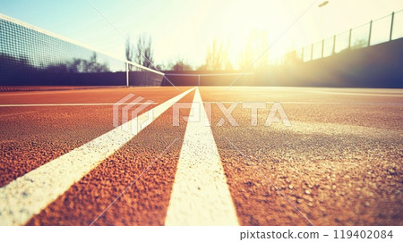 Sunlit Tennis Court with Freshly Painted White Lines on a Sunny Day 119402084