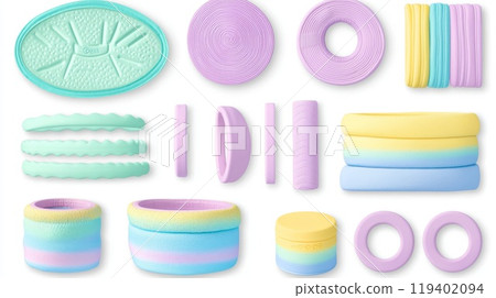 Colorful Silicone Products in Pastel Shades Arranged Neatly on White Background 119402094