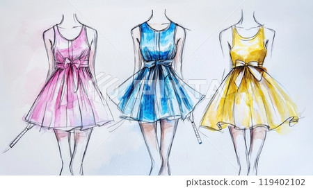 Fashion Sketches of Elegant Dresses in Pink, Blue, and Yellow with Ribbon Details 119402102