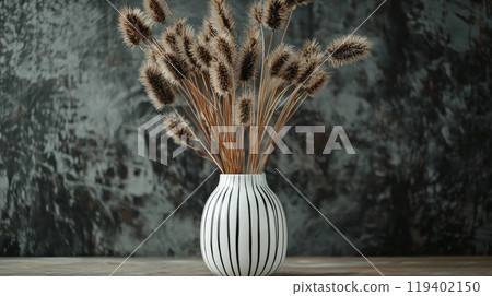 Modern Bohemian Decor: Striped Vase with Dried Pampas Grass Against Textured Wall 119402150