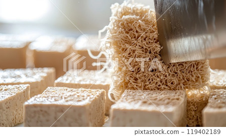 Close-Up of Noodles and Tofu in a Professional Kitchen Setting Close-Up of Noodles and Tofu in a Professional Kitchen Setting 119402189