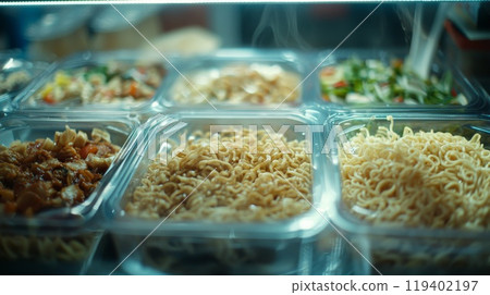 Assorted Asian Noodle Dishes in Plastic Containers at a Street Food Market 119402197