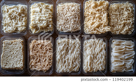 Variety of Uncooked Noodles in Transparent Containers: A Culinary Exploration 119402199
