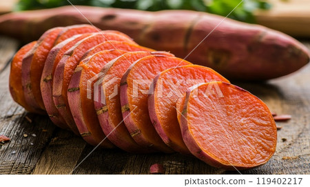 Freshly Sliced Sweet Potatoes on Rustic Wooden Table Surface Freshly Sliced Sweet Potatoes on Rustic Wooden Table Surface 119402217