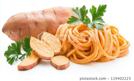 Sweet Potato Pasta on White Background with Fresh Parsley Garnish 119402223