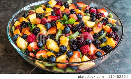 Fresh Fruit Salad Bowl with Mixed Berries and Mint on a Rustic Table 119402264
