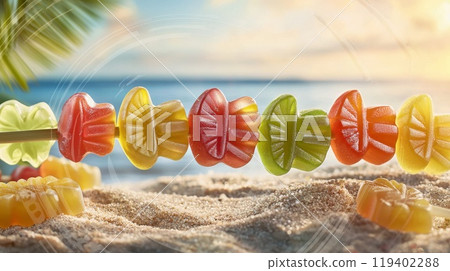 Colorful Gummy Candies on Sandy Beach with Tropical Ocean Background 119402288