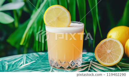 Refreshing Lemon Cocktail with Tropical Leaves Background on a Summer Day 119402290
