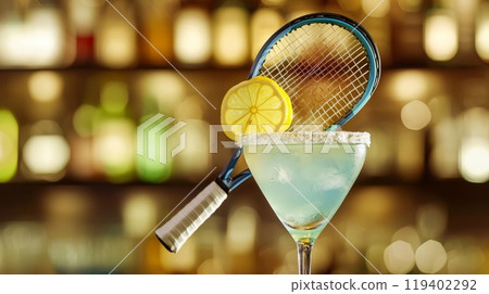 Refreshing Tennis-Themed Cocktail with Lemon Garnish in a Bar Setting Refreshing Tennis-Themed Cocktail with Lemon Garnish in a Bar Setting 119402292