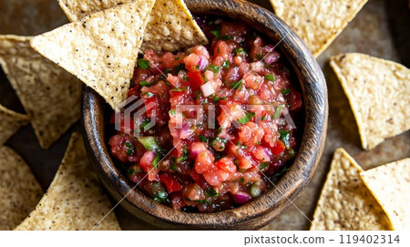 Fresh Tomato Salsa with Tortilla Chips in Rustic Bowl. Vibrant Mexican Appetizer for Parties Fresh Tomato Salsa with Tortilla Chips in Rustic Bowl. Vibrant Mexican Appetizer for Parties 119402314
