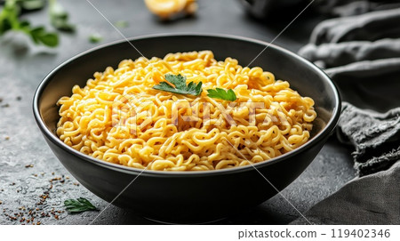 Delicious Instant Noodles in Black Bowl with Garnish on Rustic Surface 119402346