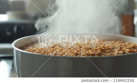 Steaming Bowl of Lentils on Stove. Healthy Cooking and Plant-Based Cuisine 119402358