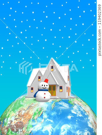 Earth - Snow-covered house and snowman Earth - Snow-covered house and snowman 119402369