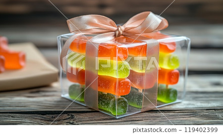 Colorful Gummy Candy Gift Box with Ribbon on Wooden Table 119402399