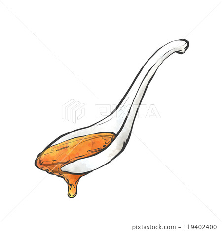 Hand-drawn illustration of soy sauce soup scooped up with a spoon 119402400