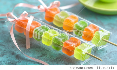 Colorful Candy Skewers. Vibrant Fruit Flavored Treats in Stylish Packaging 119402414