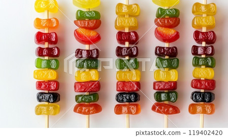 Colorful Assorted Gummy Candy Skewers with Vibrant Jelly Sweets Arranged on Wooden Sticks 119402420