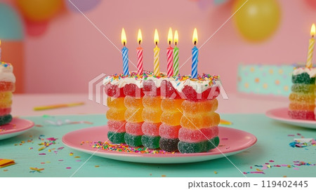 Colorful Gummy Candy Birthday Cake with Lit Candles and Sprinkles on Pink Plate Colorful Gummy Candy Birthday Cake with Lit Candles and Sprinkles on Pink Plate 119402445