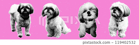 Halftone dogs in different poses. Contemporary collage for design template. Halftone dogs in different poses. Contemporary collage for design template. 119402532