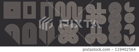Set of abstract geometric shapes and zen arch with stripe pattern. Vector illustration in trendy bohemian style. Set of abstract geometric shapes and zen arch with stripe pattern. Vector illustration in trendy bohemian style. 119402564