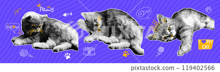 Set of halftone elements with doodle elements. Cue cats in different poses. Vector elements in pop art style. Y2k collage design. Set of halftone elements with doodle elements. Cue cats in different poses. Vector elements in pop art style. Y2k collage design. 119402566
