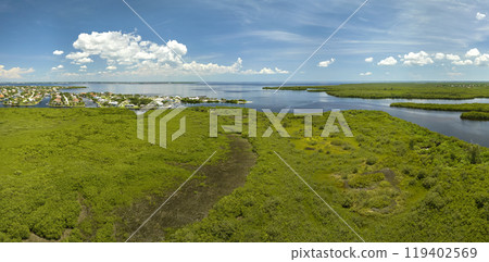 Aerial view of Florida wetlands with green vegetation between ocean water inlets and distant residential houses. Natural habitat of many tropical species Aerial view of Florida wetlands with green vegetation between ocean water inlets and distant residential houses. Natural habitat of many tropical species 119402569
