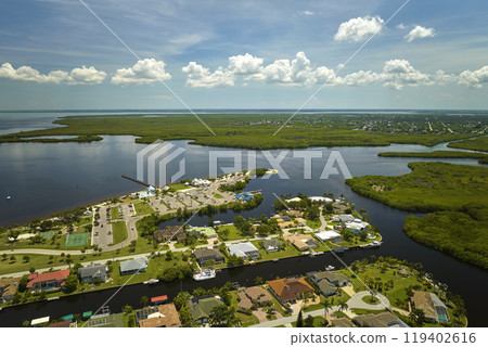 Aerial view of rural private houses in remote suburbs located near Florida wildlife wetlands with green vegetation on sea bay shore. Living close to nature concept 119402616