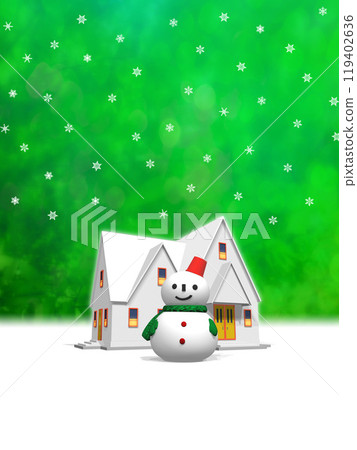Snow-covered house and snowman 119402636