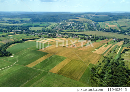 Aerial landscape view of green and yellow cultivated agricultural fields with growing crops on bright summer day Aerial landscape view of green and yellow cultivated agricultural fields with growing crops on bright summer day 119402643