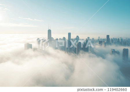 Aerial view of fog between skyscrapers in a big city Aerial view of fog between skyscrapers in a big city 119402660