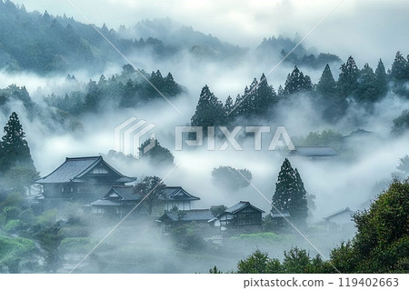 Aerial view of fog over valley 119402663