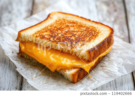 melted cheese grilled sandwich on white wooden background 119402666