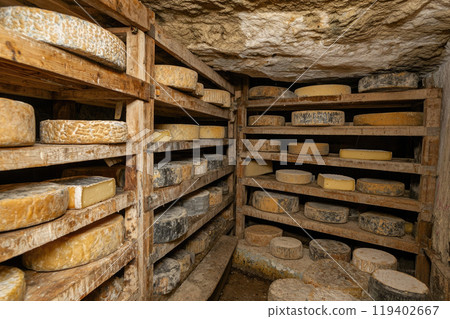 Cheese factory warehouse with shelves stacked with rows of Whole wheel cheese 119402667