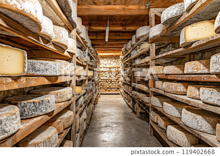 Cheese factory warehouse with shelves stacked with rows of Whole wheel cheese 119402668